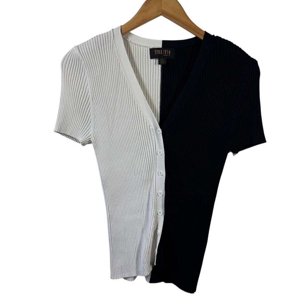 TRUTH Top Womens L Black‎ White Button Down Short Sleeve Cardigan Minimal Modest